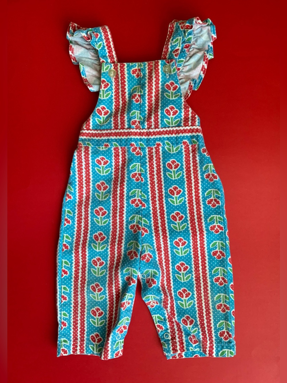 Vintage 90s Girls' Floral Stripe Ruffle-Shoulder Overalls - Blue & Red